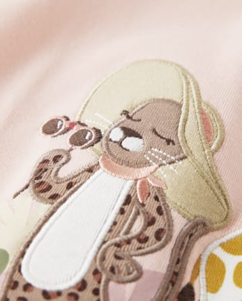 Girls Embroidered Animal Top - Safari