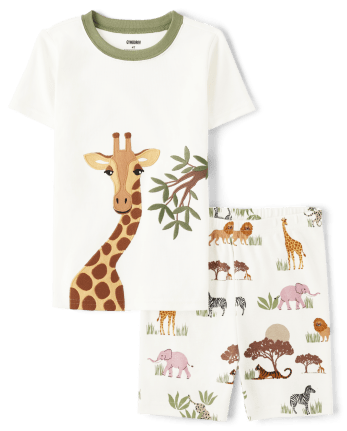 Boys Embroidered Giraffe Cotton 2-Piece Pajamas - Gymmies