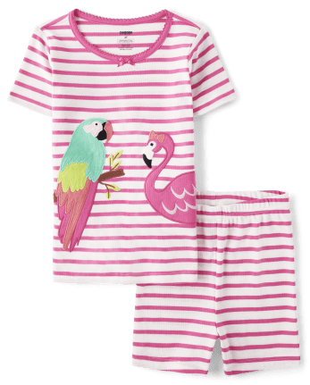 Girls Striped Embroidered Bird Cotton 2-Piece Pajamas - Gymmies
