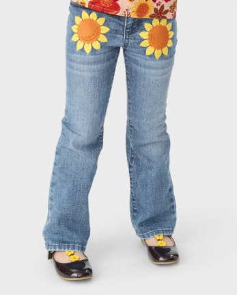 Fille Applique Tournesol Jeans à jambe semi-évasée - Happy Harvest