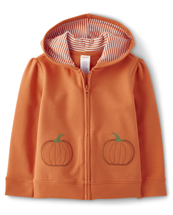 Sweat à capuche zippé en polaire citrouille appliqué pour filles - Lil' Pumpkin