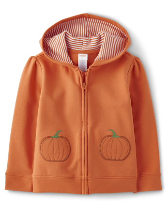 Girls Applique Pumpkin Fleece Zip-Up Hoodie - Lil' Pumpkin