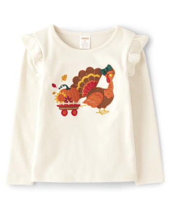 Haut à volants brodé à motif de dinde pour fille - Happy Harvest