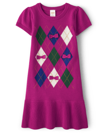 Girls Intarsia Argyle Sweater Dress Prep School Sweet tart