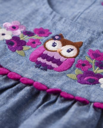 Girls Embroidered Owl Chambray Peplum Top - Magical Meadow