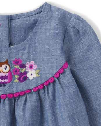 Girls Embroidered Owl Chambray Peplum Top - Magical Meadow