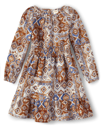 Girls Geometric Flannel Tiered Dress - Montana Mountain