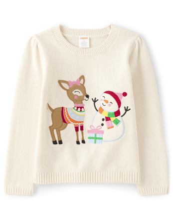 Girls Long Sleeve Embroidered Reindeer Snowman Sweater - Very