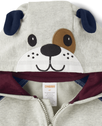 Boys Long Raglan Sleeve Embroidered Dog Fleece Zip-Up Hoodie - Prep School