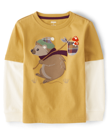 Boys Embroidered Hedgehog Layered Top - Enchanted Forest