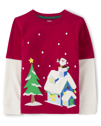 Haut superposé brodé avec scène de Noël pour garçon - Very Merry