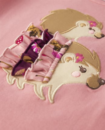Girls Embroidered Hedgehog Ruffle Top - Enchanted Forest