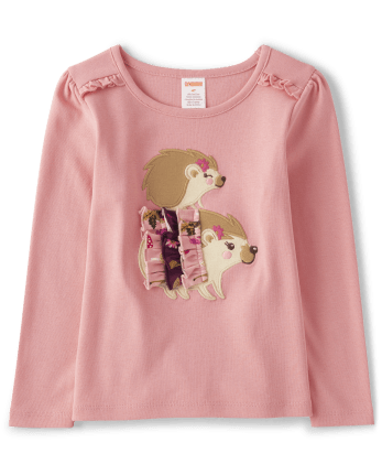 Girls Embroidered Hedgehog Ruffle Top - Enchanted Forest
