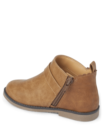 Girls Flower Buckle Faux Leather Booties TAN Gymboree