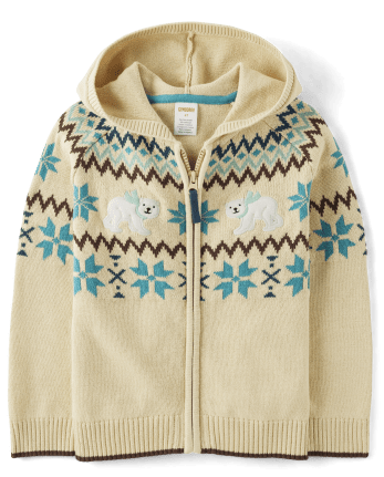 Boys Long Sleeve Intarsia Polar Bear Zip-Up Sweater - Nordic Adventure ...