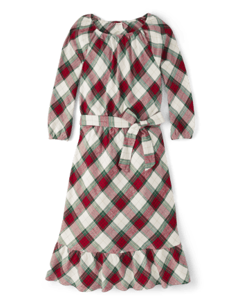 Womens Matching Family Plaid Ruffle Dress - Christmas Cabin