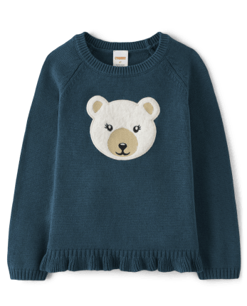 Girls Long Sleeve Embroidered Polar Bear Ruffle Sweater- Nordic Adventure