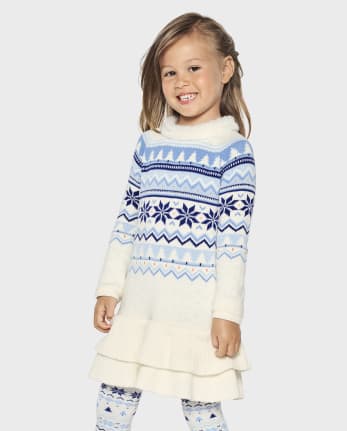 Girls Long Sleeve Snowflake Fairisle Tiered Knit Sweater Dress
