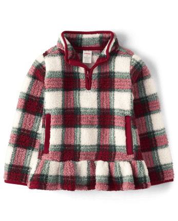 Girls Long Sleeve Plaid Sherpa Peplum Pullover Christmas Cabin