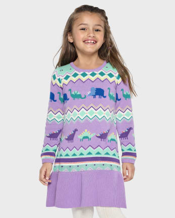 Girls Intarsia Fairisle Peplum Sweater Dress - Dino Friends