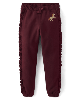 Girls Embroidered Horse Fleece Jogger Pants - Rustic Ranch