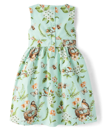 Girls Floral Bird Bow Poplin Fit And Flare Dress - Signs of Spring