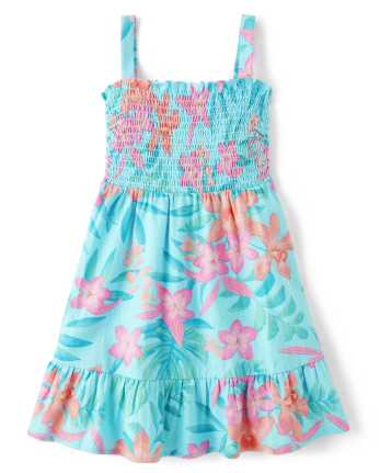 Girls Tropical Smocked Ruffle Dress - Splish-Splash