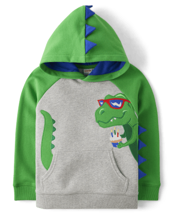 Boys Long Sleeve Embroidered Dino Fleece Knit Hoodie - Dino