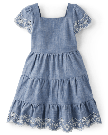 Girls Eyelet Chambray Tiered Dress - Prairie Fields