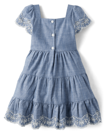 Girls Eyelet Chambray Tiered Dress - Prairie Fields