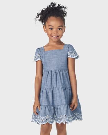 Girls Eyelet Chambray Tiered Dress - Prairie Fields