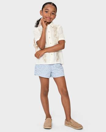 Girls Striped Linen-Blend Tie Front Shorts