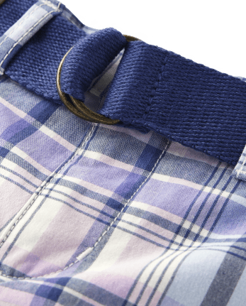 Boys Plaid Belted Chino Shorts - Lovely Lavender