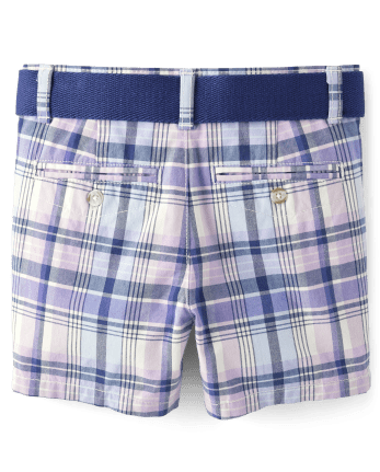 Boys Plaid Belted Chino Shorts - Lovely Lavender