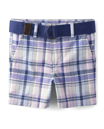 Boys Plaid Belted Chino Shorts - Lovely Lavender