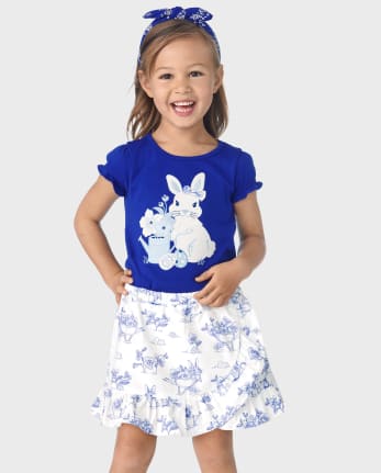 Girls Embroidered Bunny Watering Can Top - Blue Belle