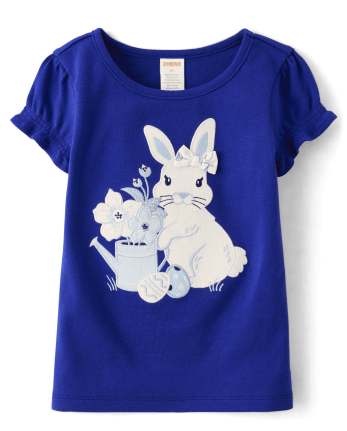 Girls Short Puff Sleeve Embroidered Bunny Watering Can Top - Blue Belle ...