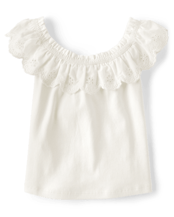 Girls Eyelet Ruffle Top Little Essentials White