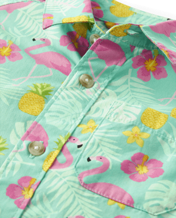 Boys Flamingo Poplin Button Up Shirt - Seaside Palms