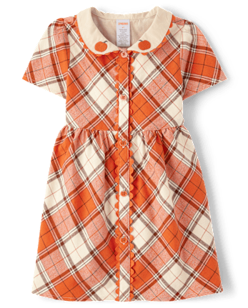 Girls Plaid Pumpkin Shirt Dress - Autumn Adventures