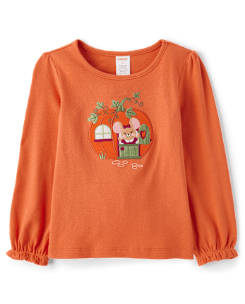Girls Embroidered Mouse Pumpkin Top - Autumn Adventures