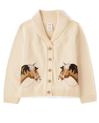 Girls Long Raglan Sleeve Embroidered Horse Shawl Cardigan Country Charm TAN Gymboree