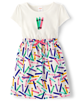 Girls Embroidered Crayon Fit And Flare Dress - Classroom Cutie