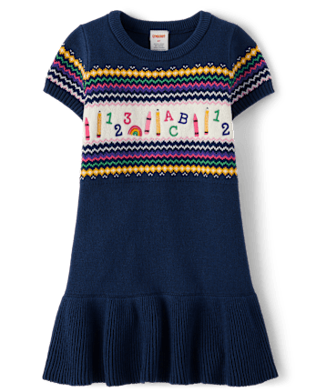 Vestido tipo suéter con peplum para útiles escolares en intarsia para niñas - Classroom Cutie