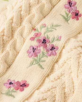 Girls Embroidered Floral Cable Knit Sweater - Country Charm