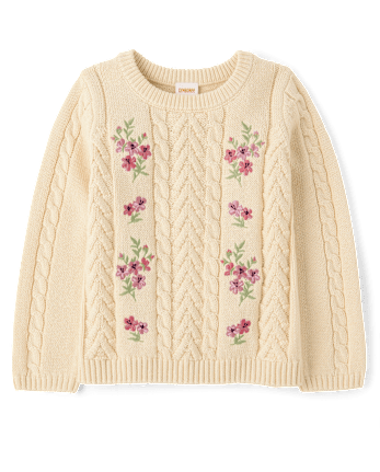 Girls Embroidered Floral Cable Knit Sweater - Country Charm
