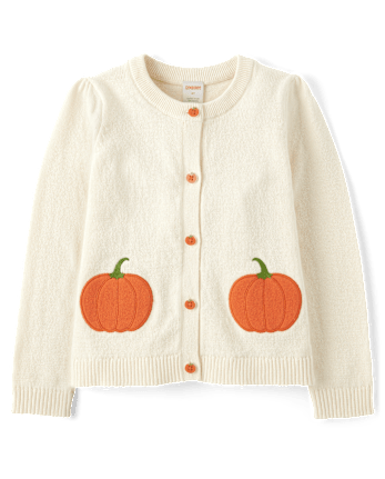 Girls Embroidered Pumpkin Cardigan Autumn Adventures White