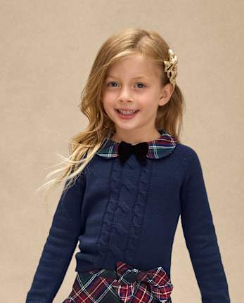 Girls Bow Cable Knit Sweater - Royal Christmas
