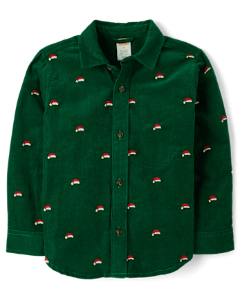 Boys Schiffli Santa Hat Corduroy Button Up Shirt - All Dressed Up
