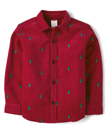 Boys Schiffli Christmas Tree Corduroy Button Up Shirt - All Dressed Up